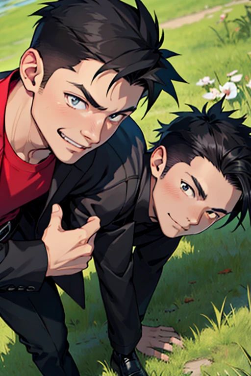 One boy, alone, Iris, Point pupils, Black Hair, short hair, gakuran, Black jacket,Red Shirt、Black Belt, Black trousers, bad、Riverbank、On the grass、Close-up of face　smile