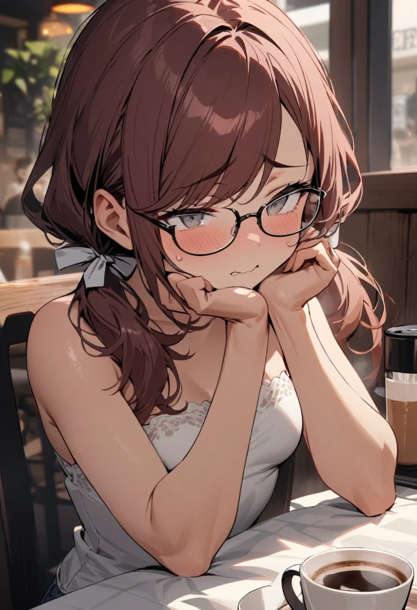 Masterpiece, highres, high Quality, detailed face, over-the-shoulder shot, solo, cafe, nervous expression, spoon in hand, face palms cheek, worried eyes, furrowed brows, Gray eyes, dark red hair, swept bangs, low twin tails, white ribbons, glasses, white strapless shirt with white trim, jeans, small breasts, toned arms, tablecloth texture visible, steaming cup of coffee nearby.