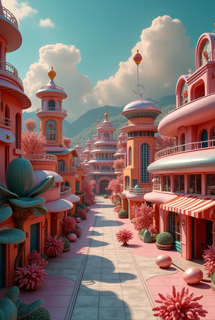 a town, 1960s style, dark glossy pastel color, toy aesthetics, surreal atmosphere, raw photo, aerial shot