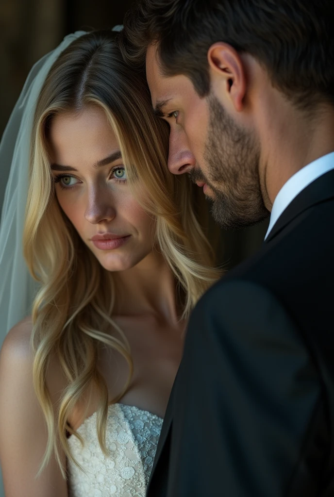 Blonde girl with brown eyes looking down with every sad as she marries a man who is looking up and with a face of annoyance and blue eyes