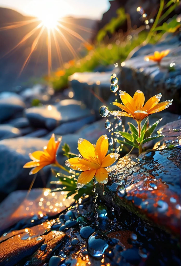 The first rays of sunlight in the morning,cliff,Dew drops on beautiful flowers in cracks of rocks,(sunrise),Beautiful picture,HD Wallpapers