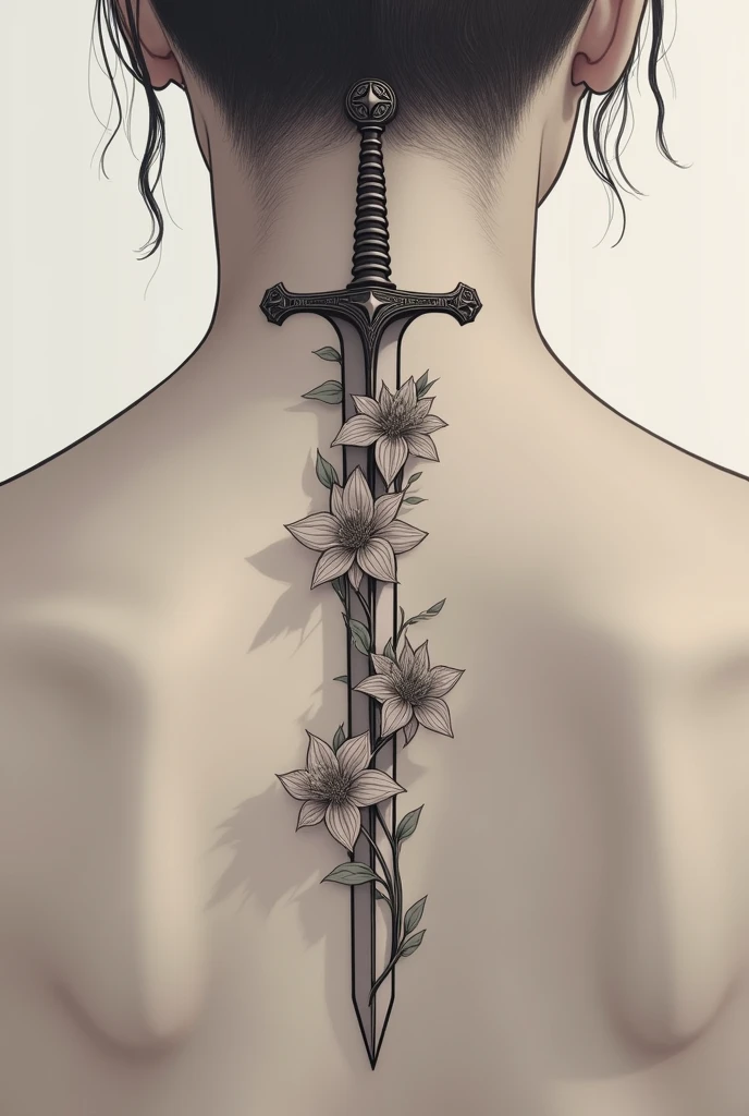 Spine sword tattoo with a flower growing up it