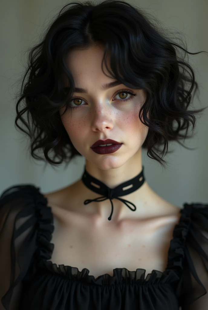 masterpiece,(best quality,top quality,8k),realistic,photorealistic,detailed eyes and face,young,18y,(1girl), brown eyes, black hair, curly hair, short hair, hair between eyes, goth, gothic, choker, (black lips),soft smile, (black dress:1.2), pretty girl, beauty skin, ultra high res, raw photo , detailed body ,(puffy eyes) ,good contrast , high sharpness,(gorgeous),realistic,RAW Photography,(hyperdetailed:1.2)