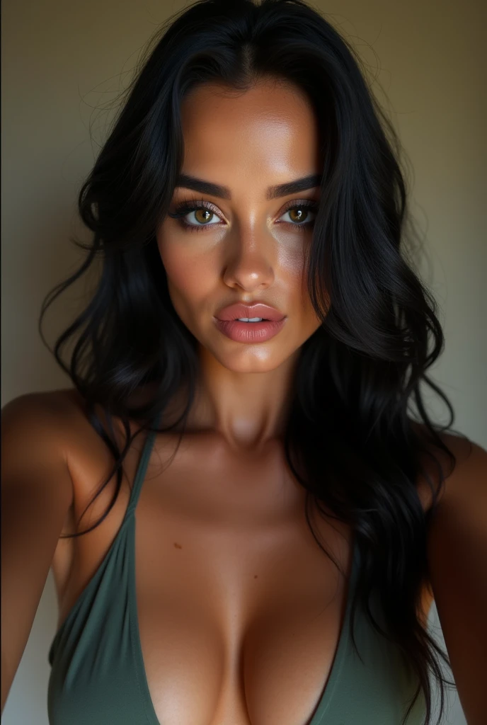 Gritty candid raw selfie, up close selfie, show cleavage, photo of a gorgeous 21 year old woman, with long wavy black hair, big lips, full body, high cheekbones, seductive, curvy, Long wavy hair. Swedish and Egyptian mixed race, realistic skin texture, hot with Sony Alpha A6500 1.4f, deep focus, highly detailed, show all surroundings, masterpiece,