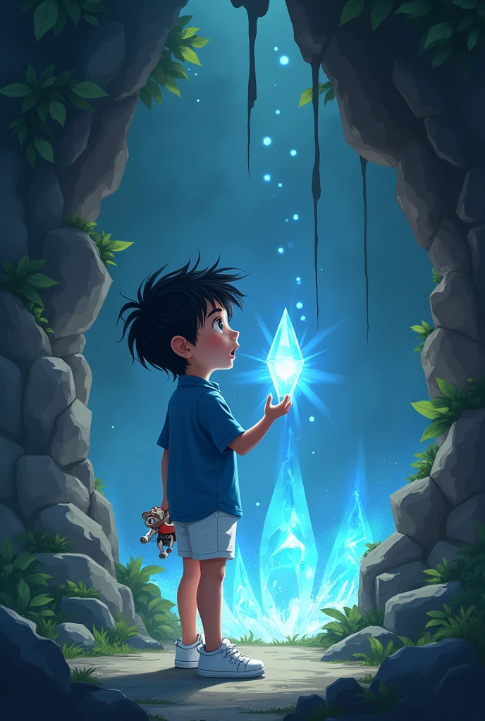 a boy with black hair, black eyes, wearing a blue shirt and white shorts and white sneakers with a toy in his hand, singing the song as the rock opens and the Crystal is released.