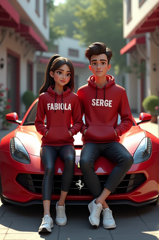 Image 3D d'une jeune dame et d'un jeune homme vesti en ensemble jogging assis sur une Ferrari et écrit respectivement sur leurs pulls "FABIOLA" & "SERGE"