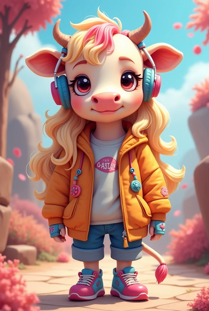 cow with blonde and pink long hair and kawaii gamer outfit
