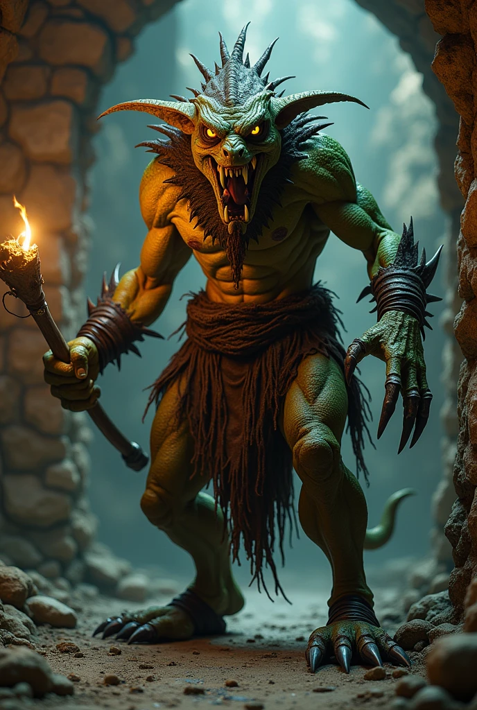 Humanoid monster with scaly skin between brown and green, feline yellow eyes, pointy ears, sharp fangs protruding from its mouth, With a furious glare, wearing tattered and aged medieval clothing, brawny, with a torch in one hand and a club in the other, hands and feet with long, sharp claws, inside a dank medieval dungeon, full body photo