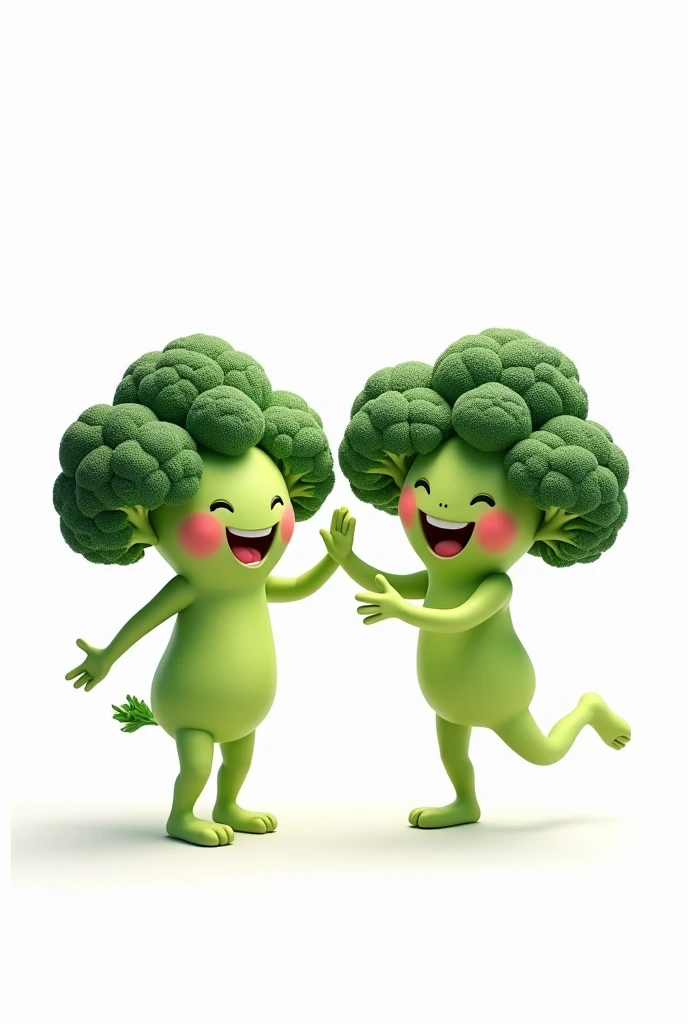 A happy smiling broccoli holding hands with a happy jumping one, white background