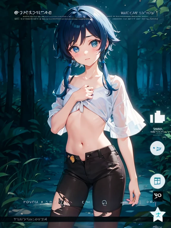The anime boy is taking a walk in the forest at dawn.,Naked Boy,shy,Retro Style,Anime illustrations,Fantasy World