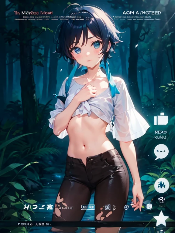 The anime boy is taking a walk in the forest at dawn.,Naked Boy,shy,Retro Style,Anime illustrations,Fantasy World