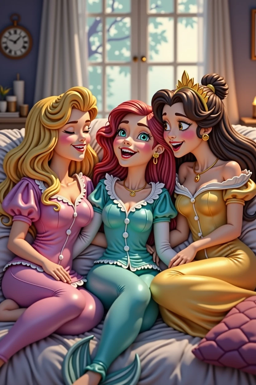 blond sleeping Beauty in a pink pijama, Ariel in turquoise pijama and Belle in a yellow pijama. the 3 friends in a slumber party laughing and having fun