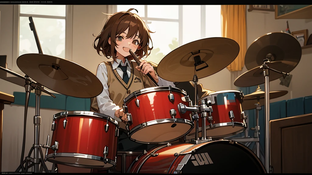 An anime-style scene set in a cozy after-school club room. A lively girl with short, messy brown hair sits confidently in front of a drum set, her expression bright with a big, infectious smile. She’s dressed casually in a school uniform with her blazer off, sleeves rolled up, and a loose tie around her neck, showing her relaxed and spirited personality. The drum set is slightly worn but well-loved, with a few stickers and small decorations on the drums. The room is filled with warm, golden afternoon light filtering through the windows, casting a comfortable and welcoming atmosphere. Around her, the club room has posters on the walls, a few instruments scattered about, and chairs and tables pushed to the side to make room for practice. Text appears at the bottom of the image, displaying her name, "Mika," and her role, "Drummer," in a vibrant, eye-catching font. The overall mood is cheerful, energetic, and full of camaraderie.