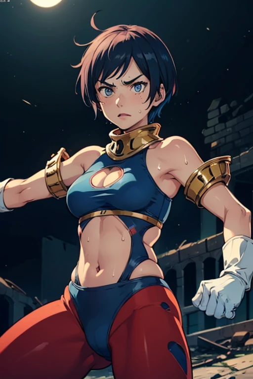 (best quality,masterpiece,ultra highres,cel anime,8k:1.2),(1man:1.5),1mature woman in(short blue haired,30years old), BREAK (in the ruins:1.5),(dark night:1.4),(abs:0.8), BREAK (blue leotard in red line:1.3), BREAK (red yoga pants:1.4), BREAK (white gloves:1.4), BREAK (navel cutout:1.5),(sweat:1.2),(sholder bare), BREAK (selious, scowl:1.2),(motion blur),(fighting stance:1.3),(punching,rushpunch:1.4),