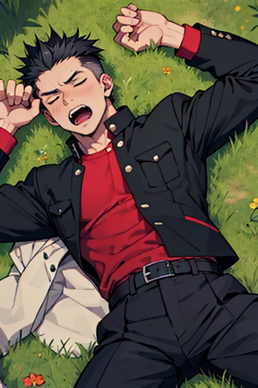 One boy, alone, Iris, Point pupils, Black Hair, short hair, gakuran, Black jacket,Red Shirt、Black Belt, Black trousers, bad、Riverbank、On the grass、Sleep with your legs apart,　Scream　Upper Body