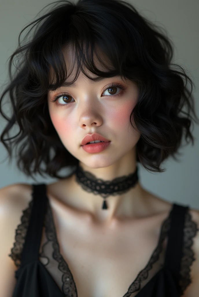 masterpiece,(best quality,top quality,8k),realistic,photorealistic,detailed eyes and face,young,18y,(1girl), brown eyes, black hair, curly hair, short hair, hair between eyes, goth, gothic, choker, (thick lips:1.2),soft smile, (black dress:1.2), pretty girl, beauty skin, ultra high res, raw photo , detailed body ,(puffy eyes) ,good contrast , high sharpness,(gorgeous),realistic,RAW Photography,(hyperdetailed:1.2)