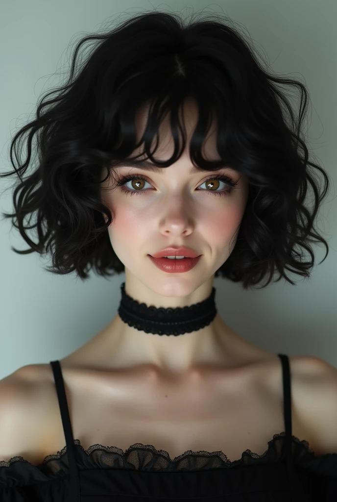 masterpiece,(best quality,top quality,8k),realistic,photorealistic,detailed eyes and face,young,18y,(1girl), brown eyes, black hair, curly hair, short hair, hair between eyes, goth, gothic, choker, (thick lips:1.2),soft smile, (black dress:1.2), pretty girl, beauty skin, ultra high res, raw photo , detailed body ,(puffy eyes) ,good contrast , high sharpness,(gorgeous),realistic,RAW Photography,(hyperdetailed:1.2)