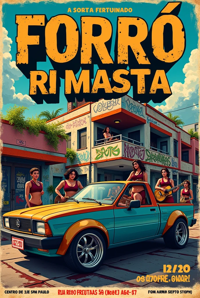 Flyer for forró with a building in the center of São Paulo with graffiti, DJ in a pickup truck with a bad guy look and a 4-member female forró band.with forró instruments in hand looking at the dj
Flyer Information:
Rua rego Freitas, 542
Matilha Cultural
Date 12/10
Hours from 3pm to 10pm