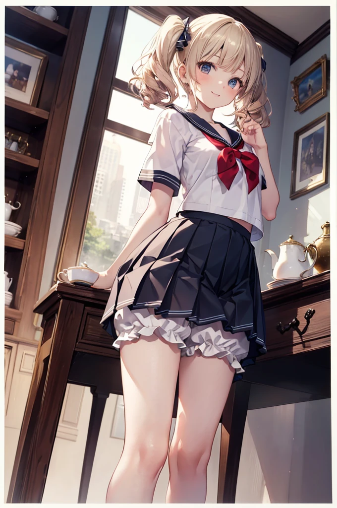 (masterpiece), 4K,beautiful girl,More than one person,Sailor suit,,Small breasts,Small Ass,Curly Twin Tails,Light bulb lighting,Realistic, skinny, Big smile,((,Wear bloomers under your skirt)),Are standing,((Pleated skirt)),Angle from below,Tea time with friends