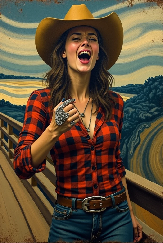 A work of the scream but in a cowgirl version with a ring on her hand