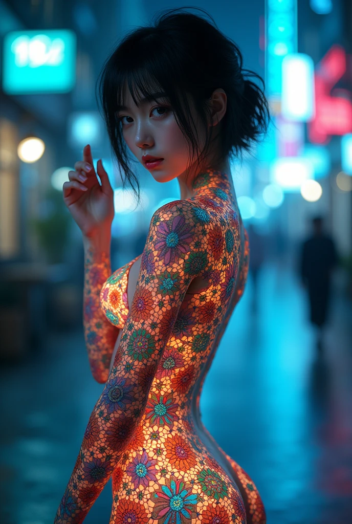 masterpiece, Highest quality), 8k,(((Very detailed))), Race:1.8,Super intricate Race pattern, colorful Race pattern, Stained glass transparent body, Cool-style light, Mandala,light up,cold, 1 female,Open Back, 18 years old、Japanese, Photo of Lee Jae, tumbler, sultry body with セクシー belly, Sexy girl, Young sensual elegance, Sexy body, Sexy look, Very Short Hair、Photographed with the cityscape night view in the background、 Intelligent face、Narrow waist、Large Breasts、drool coming out of the mouth、Smile a little、EOS 50mm F2, Blur the background、Ass、Lighting the face、whole body、Raise your hand、Thighs、