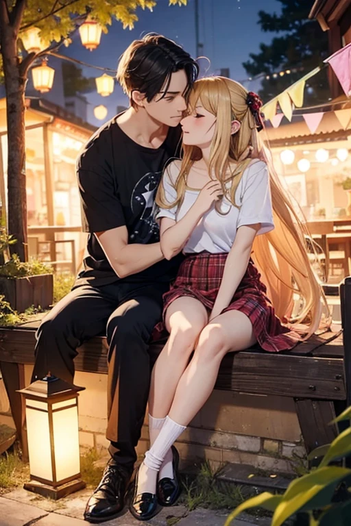 Couple sitting on a tree branch kissing ,They are in the heights, semi-realistic style, She is blonde with long hair , She has a blue t-shirt and skirt and long white socks, He is a vampire, his skin is bluish and he has black hair with bangs and he has a red plaid shirt and black pants. , It is night and the scene is lit by colorful lanterns,There are pink trees and lanterns around.