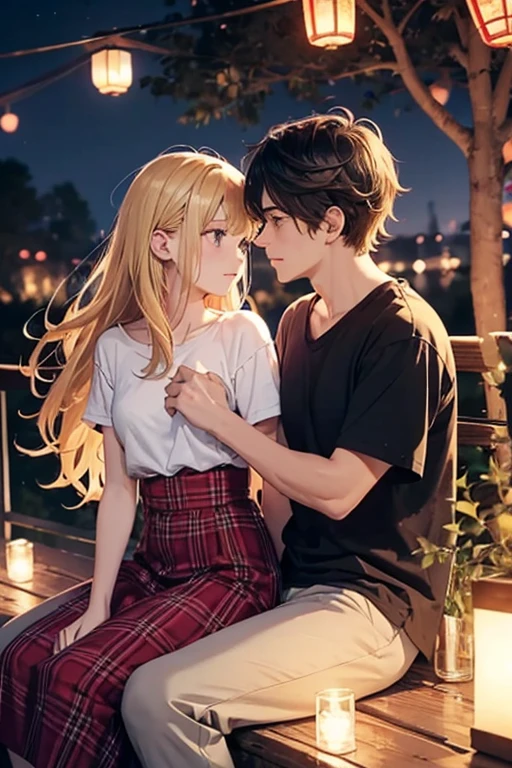 Couple sitting on a tree branch kissing ,They are in the heights, semi-realistic style, She is blonde with long hair , She has a blue t-shirt and skirt and long white socks, He is a vampire, his skin is bluish and he has black hair with bangs and he has a red plaid shirt and black pants. , It is night and the scene is lit by colorful lanterns,There are pink trees and lanterns around.