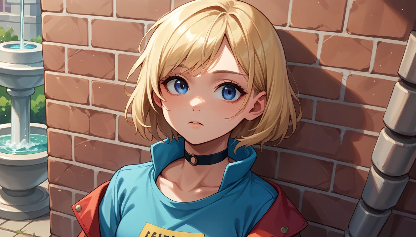 punctuation_9, punctuation_8_High above, fountain_アニメ, 1 girl, standing alone, Ashelia, medium hair, hair blonde, blue colored eyes, aretes, sharp looking eyes, choker, neon shirt, open jacket, high collar sweater, natta, against the wall, brick wall, graffit, Poor lighting, beco, looking ahead at viewer, 