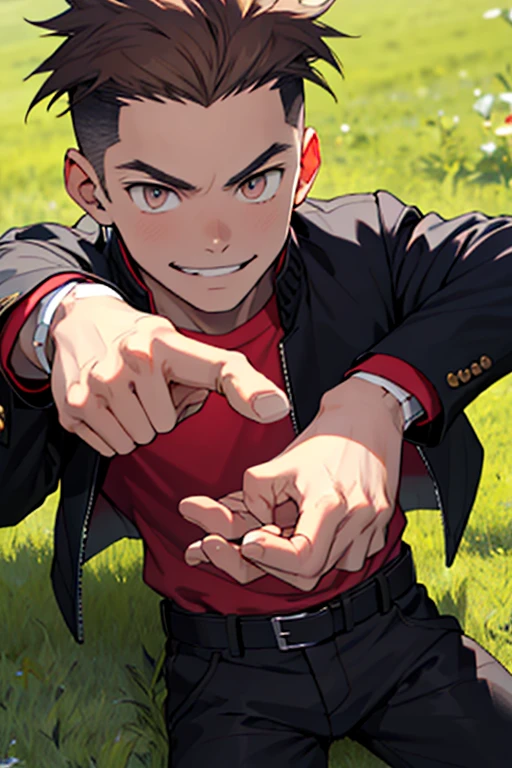 One boy, alone, Iris, Point pupils, Brown Hair, short hair, gakuran, Black jacket,Red Shirt、Black Belt, Black trousers, bad、Riverbank、On the grass、Close-up of face　smile