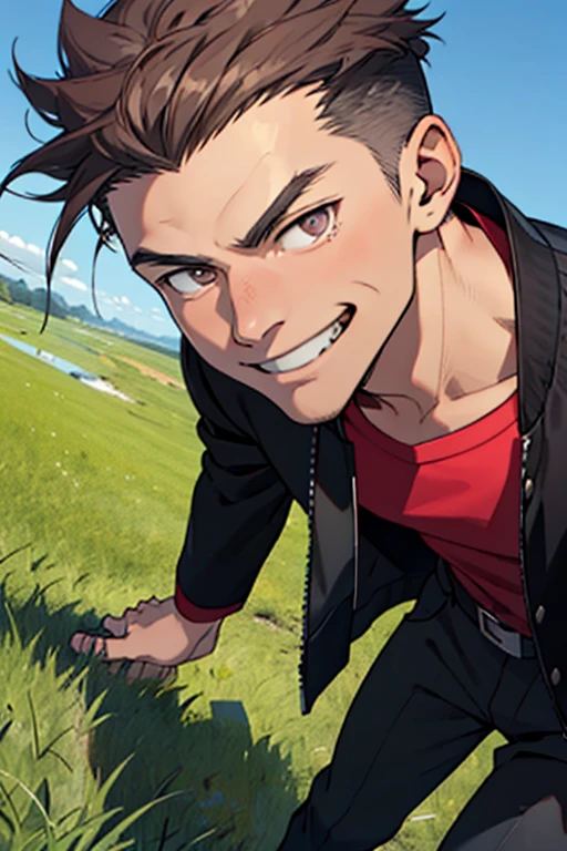 One boy, alone, Iris, Point pupils, Brown Hair, short hair, gakuran, Black jacket,Red Shirt、Black Belt, Black trousers, bad、Riverbank、On the grass、Close-up of face　smile