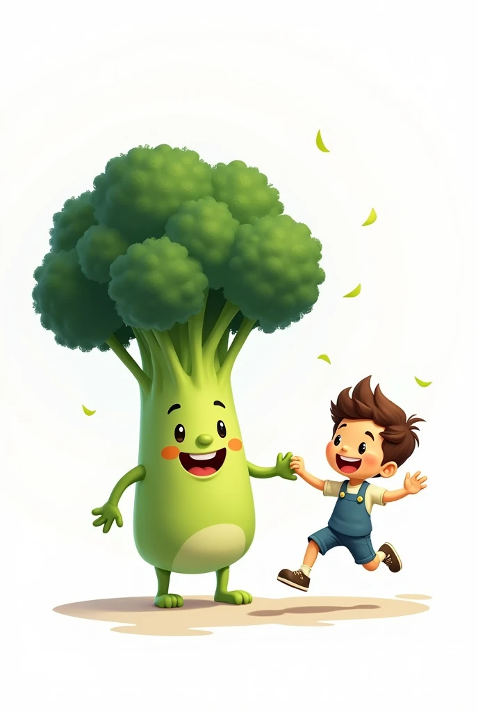 A happy smiling broccoli holding hands with a child jumping joyfully, white background 