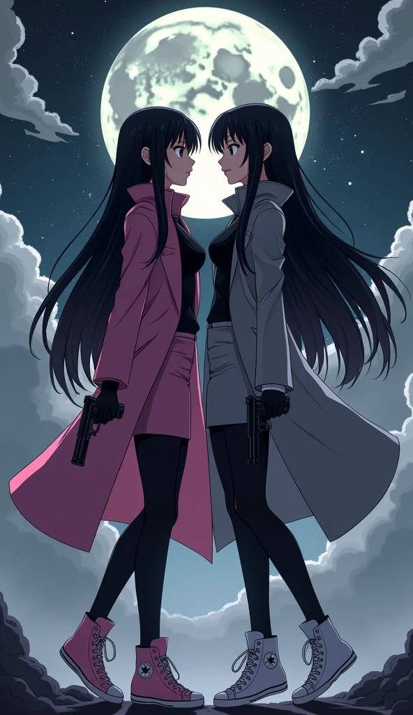 Two young womens, long black hairs, yuri, Vampire Hunters.
The first young women black eyes wear a pink long coat, black shirt, pink pencil skirt, black underpants, black tights, black gloves, white sneakers high top.
The second young women black eyes wore a grey long coat, black shirt, grey pencil skirt, black underpants, black tights, black gloves, white sneakers high top.
holding a pistol handguns, black grey sky, fantastic night sky, moon, cartoon anime, 4K, HD