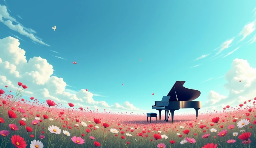 「Under the blue sky、グランドpianoが置かれたFlower Field、黒いグランドpiano、White fluffy clouds、Fantastic landscape」 「グランドpiano、Mysterious atmosphere、Digital Art」 「piano、Flower Field、Fantastic landscape、Silence、Lonely」Flowers swaying in the wind、Cosmos in a variety of colors, including red, white, pink, and yellow