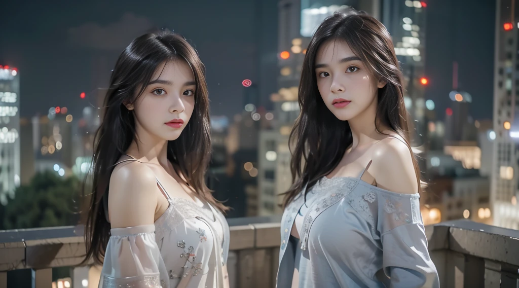 ((masterpiece, best quality, Highest image quality, high resolution, Reality, RAW photos, 8K)), Bustling future city night scene，Girl standing on the roof，Lace pajamas，Off-shoulder，Large Breasts，Long hair，Pretty face，Closed mouth，dramatic，Upper Body，（midnight）
