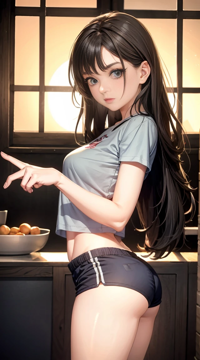 best quality, masterpiece, high resolution,8k,(realistic으로:1.4),超high resolution,1 girl, Ultra-detailed, surrealism, Highly detailed CG illustrations, official art, movie light, realistic, Young and beautiful girl, perfect body매, perfect body매, Perfect selfie, perfect body, (Start below:1.3), 음란한 pose, long sexy legs, Confident, Beautiful sexy, Grey short sleeves, abdominal opening, Super Shorts, S-shaped body, flipped ass,pose를 취하는,pose,different perspectives