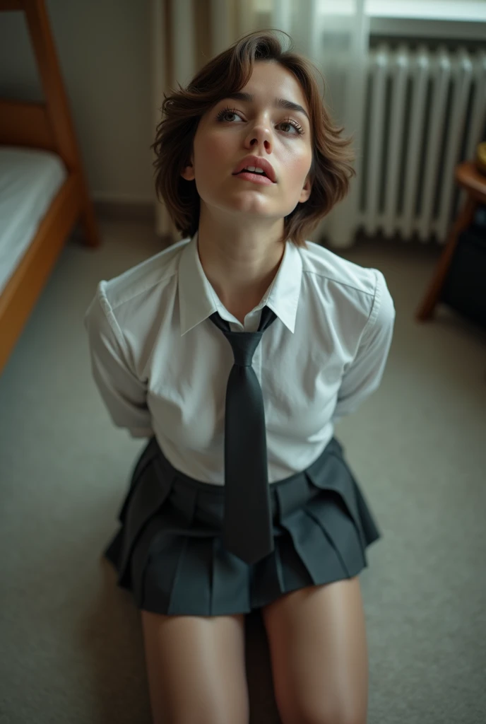 Realistic photo from above of a slim pretty 16-year-old Caucasian woman. She has short light-brown hair. She is wearing a tight white shirt. She is wearing a dark-grey tie. She is wearing a dark-grey pleated skirt. She is kneeling on the floor, in a bedroom. She is looking up to the camera. Both hands are behind her back. Her mouth is slightly open.