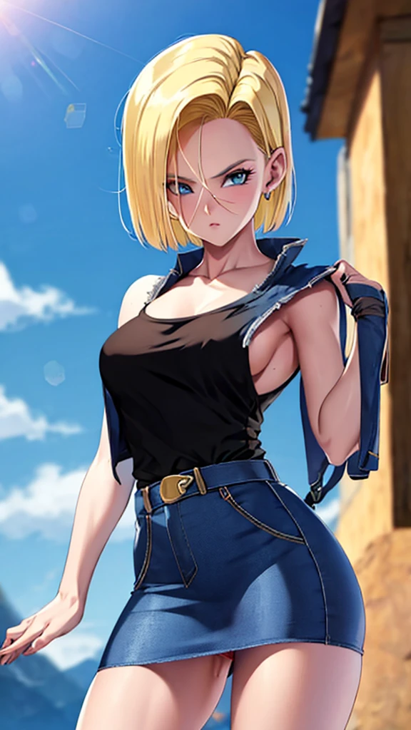 Android 18, from dragon ball, jeans skirt, blonde short hair, blue eyes, city background, sexy look, showing armpits and pussy half naked. (((half naked))) skirt. 