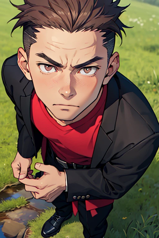 One boy, alone, Iris, Point pupils, Brown Hair, short hair, gakuran, Black jacket,Red Shirt、Black Belt, Black trousers, bad、Riverbank、On the grass、Close-up of face　