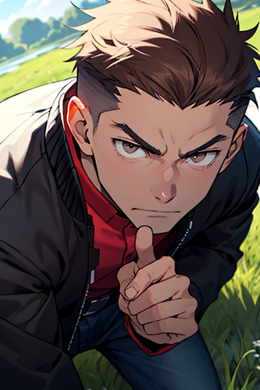 One boy, alone, Iris, Point pupils, Brown Hair, short hair, gakuran, Black jacket,Red Shirt、Black Belt, Black trousers, bad、Riverbank、On the grass、Close-up of face　