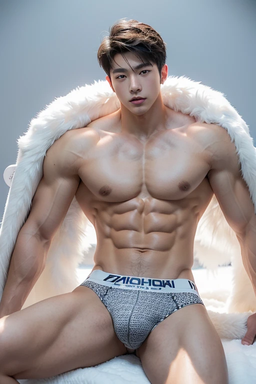 Create a 64k image of a handsome, sharp-featured Korean  boy with muscular physique and six-pack abs, tanned skin, and a proportional body. He is wearing patterned underwear and a white fur coat, sitting with legs outstretched on a pile of snow. The background is a thick blanket of white snow.