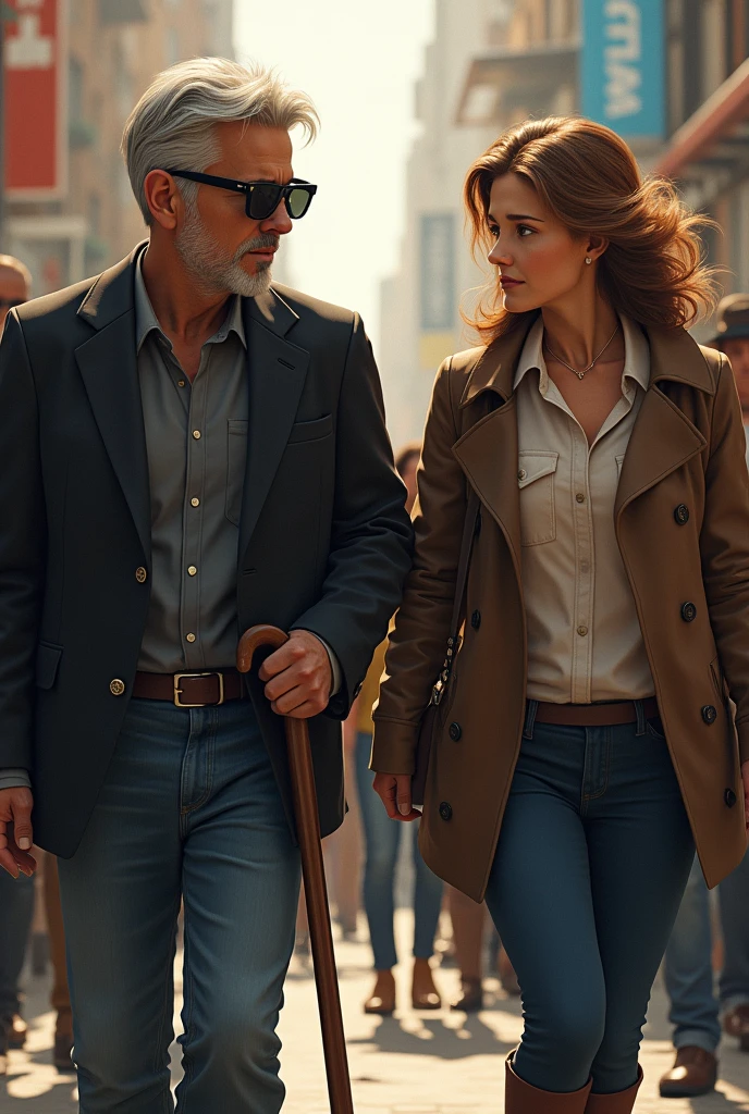 The blind man stumbling in the crowd, with his cane and sunglasses, as Greta watches with an expression of empathy and concern