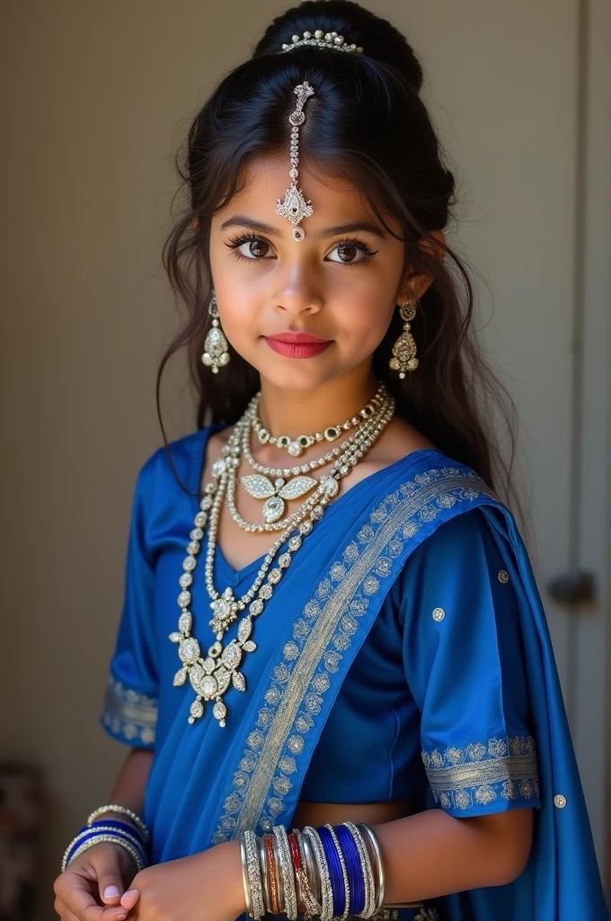 A girl wearing blue langha chori and blue bangles and my blouse from back with long thread and necklace of diamond and earings connect with hair hairstyle butterfly and Tika of diamond and eyeliner and light mask up and red shiny lips and glass heals and band around my waist