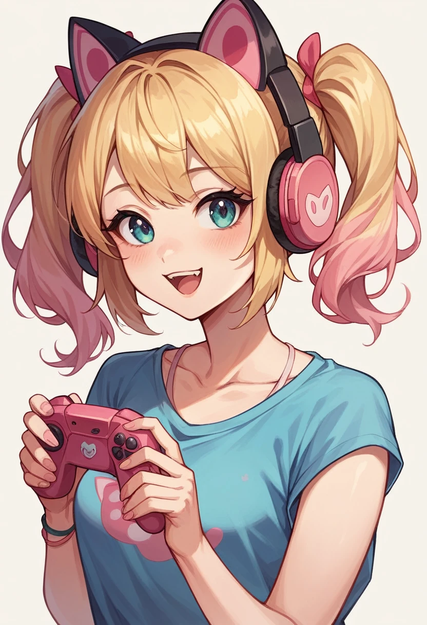 (masterpiece:1.2), (best quality:1.2), (adorable), gamer girl), blonde hair, pigtails, (pink cat ear headphones), (very cheerful), casual attire, (neutral background)
