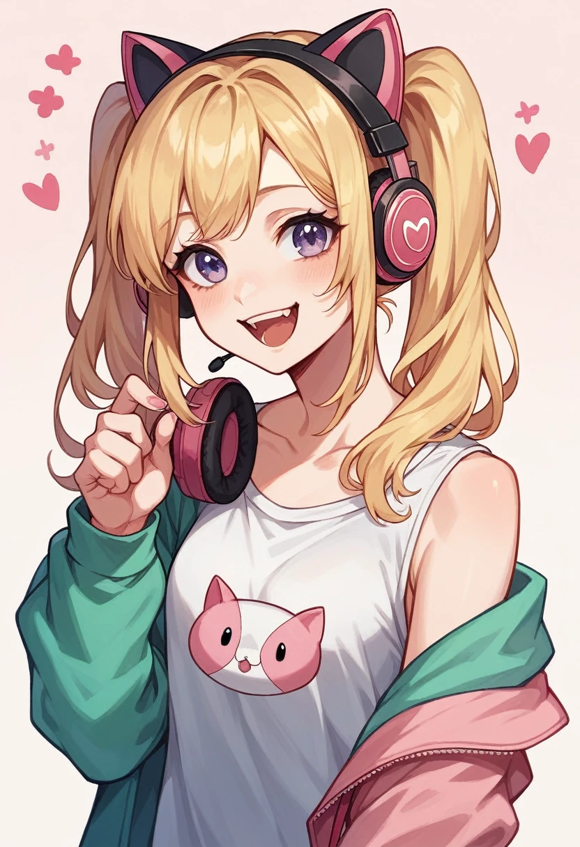 (masterpiece:1.2), (best quality:1.2), (adorable), gamer girl), blonde hair, pigtails, (pink cat ear headphones), (very cheerful), casual attire, (neutral background)