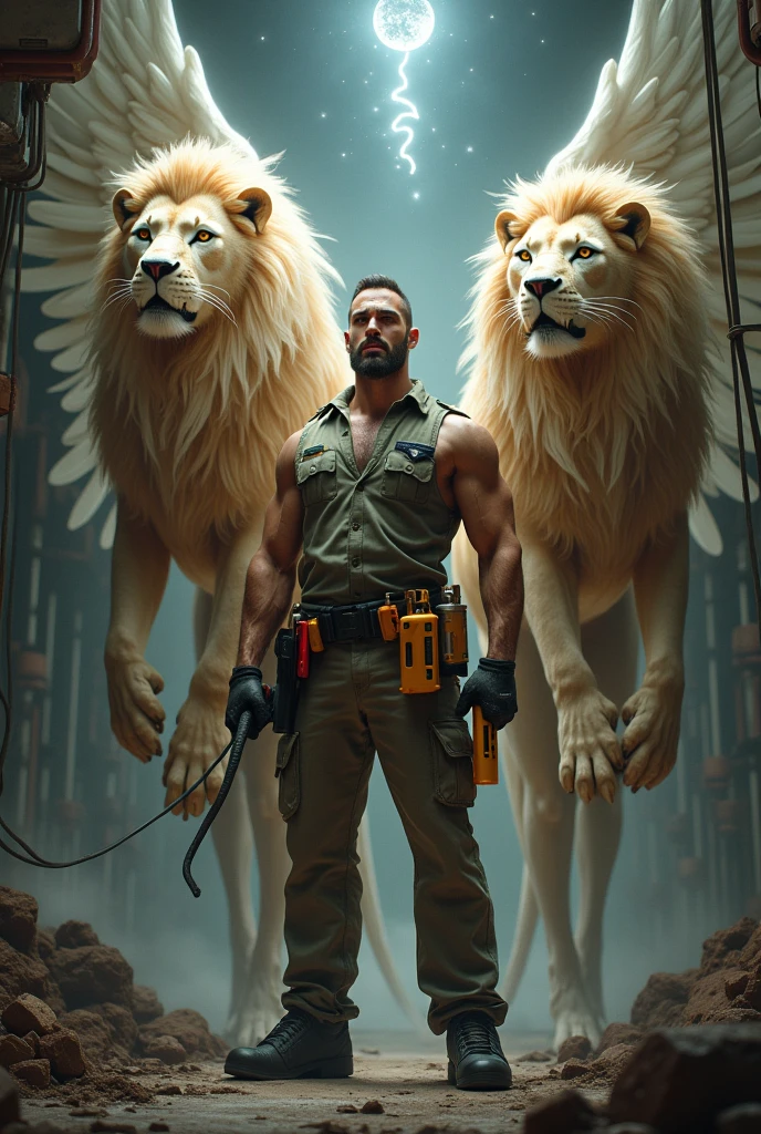angels with lion faces Bodybuilder electrician with electrician tools and uniform