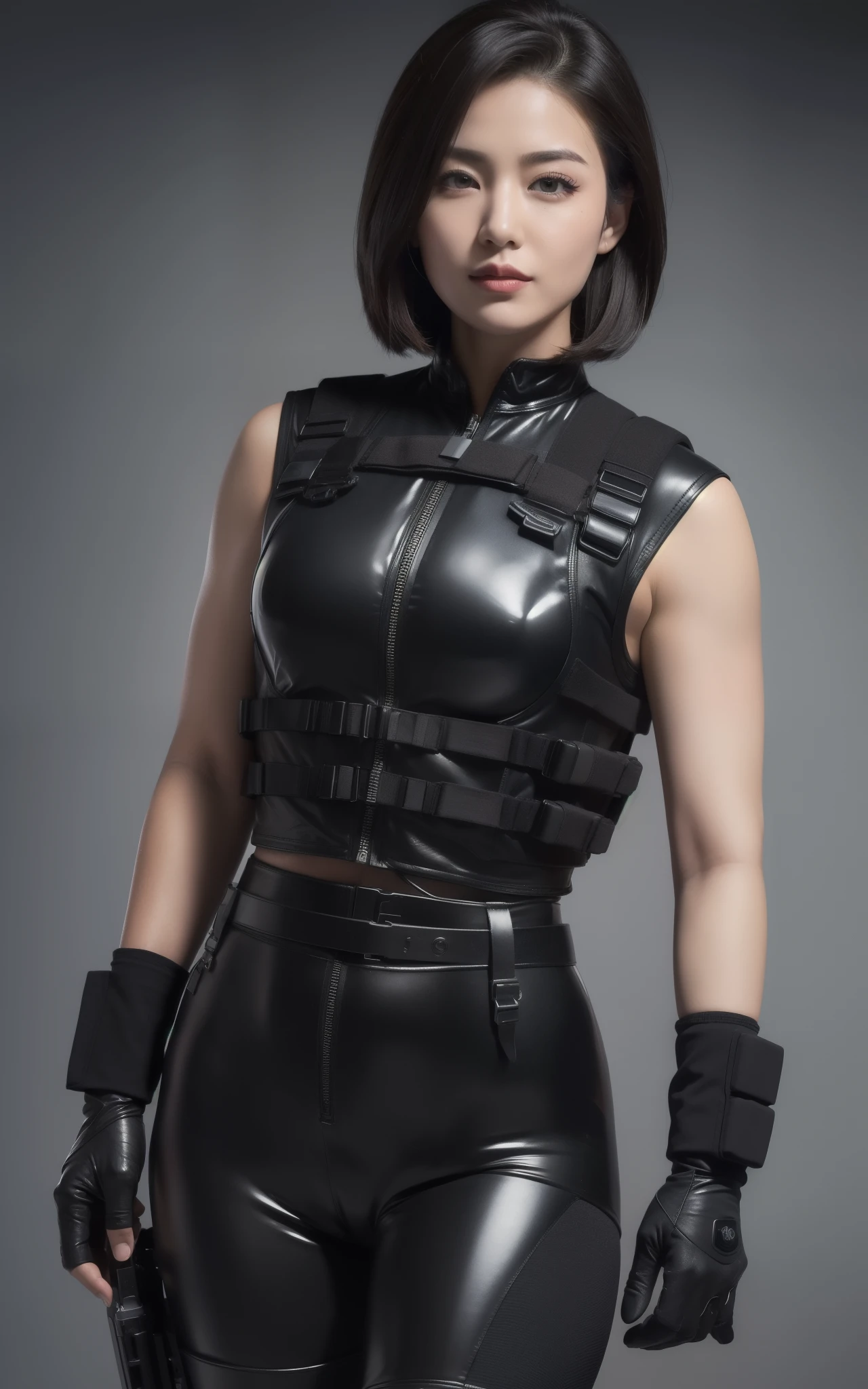 ((Best Quality, 8K, Masterpiece: 1.3)), ((best quality)), photorealistic, photorealism, Photorealistic, high resolution, 1girl , muscular:1.2, normal breasts, thick thigh, looking at the viewer, (Detailed face), short hair, (wearing dark rubber suit, tactical vests, military harness, black gloves, high-tech headset), revealed thigh, Fingers are occluded, concrete wall background,