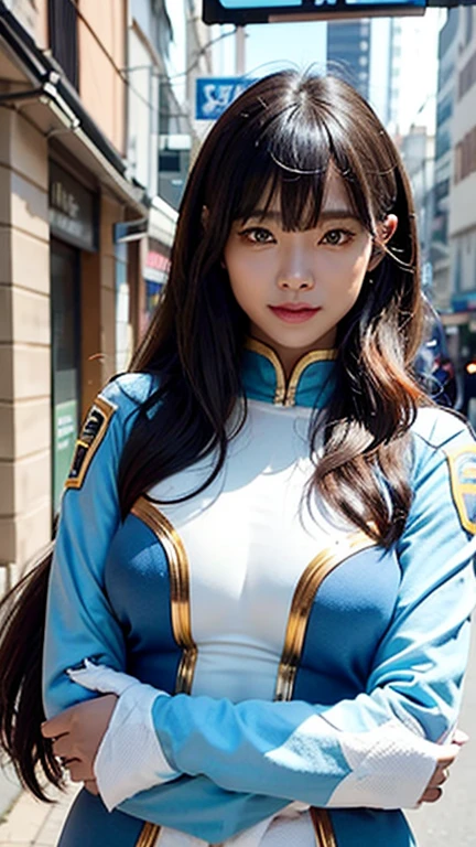 Highest quality、Realistic、woman、senior citizen、68 years old、grandmother、Wrinkled face、zoom、Orange eyes、Silver-haired wavy hair、Reinforced Body、Hero Suit、Glossy white bodysuit、Blue and gold accents、thin、Dark Skin、Big saggy breasts、Inappropriate smile、Busy Street、Bust Shot、