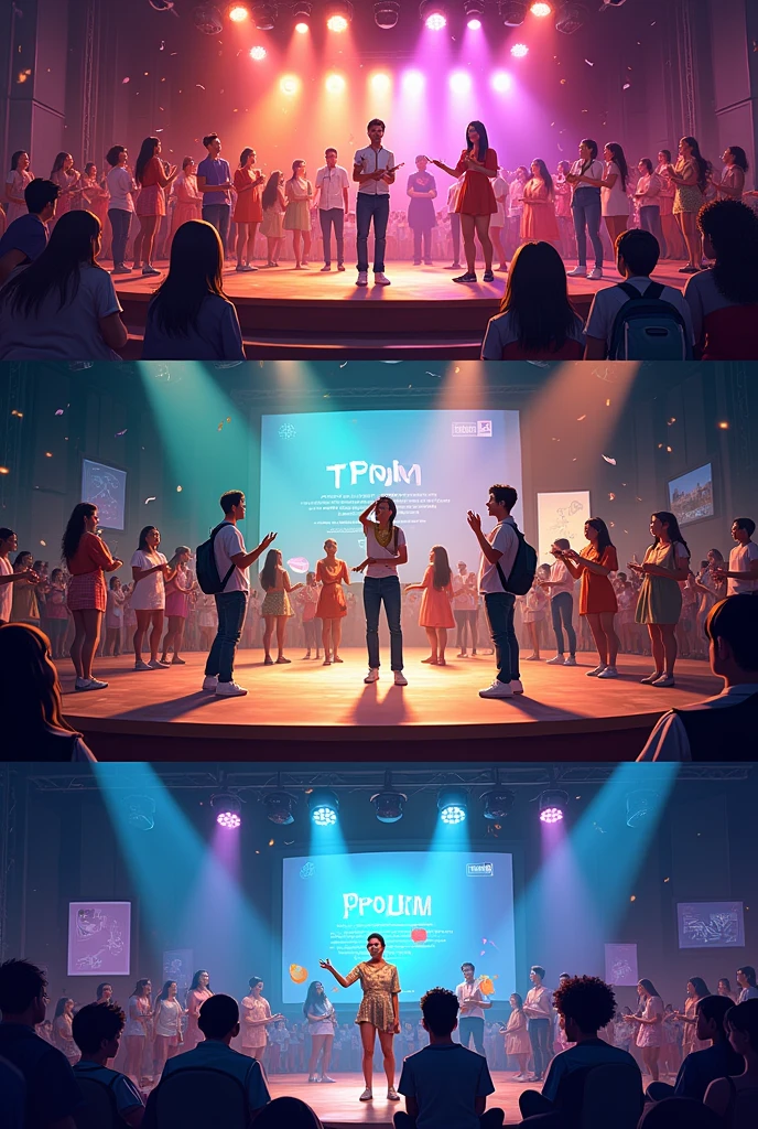 Here are the five PROMS in Spanish:
1. **Musical Talent Presentation**: Imagine a group of students playing different instruments on a vibrant stage under colorful lights. One plays a grand piano, another strums an electric guitar, while another keeps the rhythm on a drum set. background, music notes can be seen floating in the air, and the students are visibly passionate, completely immersed in their performance. The public, composed by other students, Applause and cheers, showing their support and enjoyment.
2. **Gallery of Artistic Expression**: Visualize a wide, well-lit art gallery, filled with diverse art forms. paintings, sculptures, stained glass and digital art are displayed on easels and walls. Students admire the artwork while some explain their creations to others. The atmosphere is one of creativity, with art materials scattered on tables and some students drawing or painting on the spot, deeply focused on their work.
3. **Cultural Gastronomic Festival**: Imagine an outdoor festival with various food stalls, each decorated with flags and cultural symbols from different countries. Students are cooking and serving traditional dishes, wearing chef aprons and hats. The aroma of various cuisines fills the air, and the atmosphere is lively, with students and visitors enjoying the food at picnic tables. There is a sense of diversity and excitement as everyone explores the different flavors.
4. **Dance and Theatre Presentation**: Visualize a stage with a group of students in colorful costumes, performing a dynamic dance routine that mixes different styles, from ballet to hip-hop. background, a dramatic play is being performed, with students in elaborate costumes reciting emotional dialogues. The lighting changes according to the mood of the performance, highlighting the intensity and passion of the artists.
5. **Writing Circle C