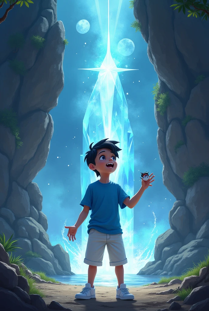 a boy with black hair, black eyes, wearing a blue shirt and white shorts and white sneakers with a toy in his hand, singing the song as the rock opens and the Crystal is released.