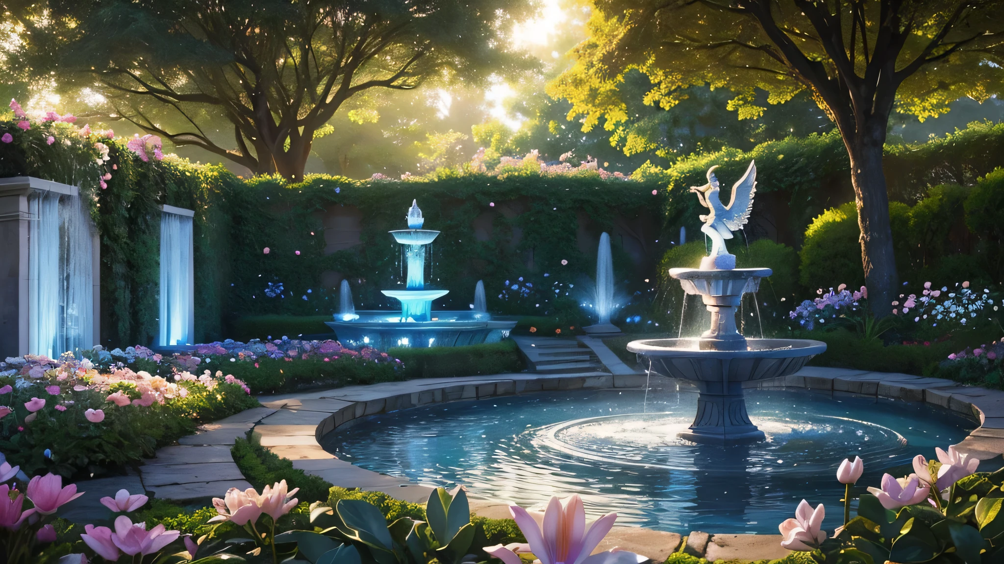 "A secret garden at dawn, with colorful flowers and a tranquil water fountain. An ethereal figure of white light, symbolizing an angel, hovers over the garden, emanating a sense of protection and blessings."